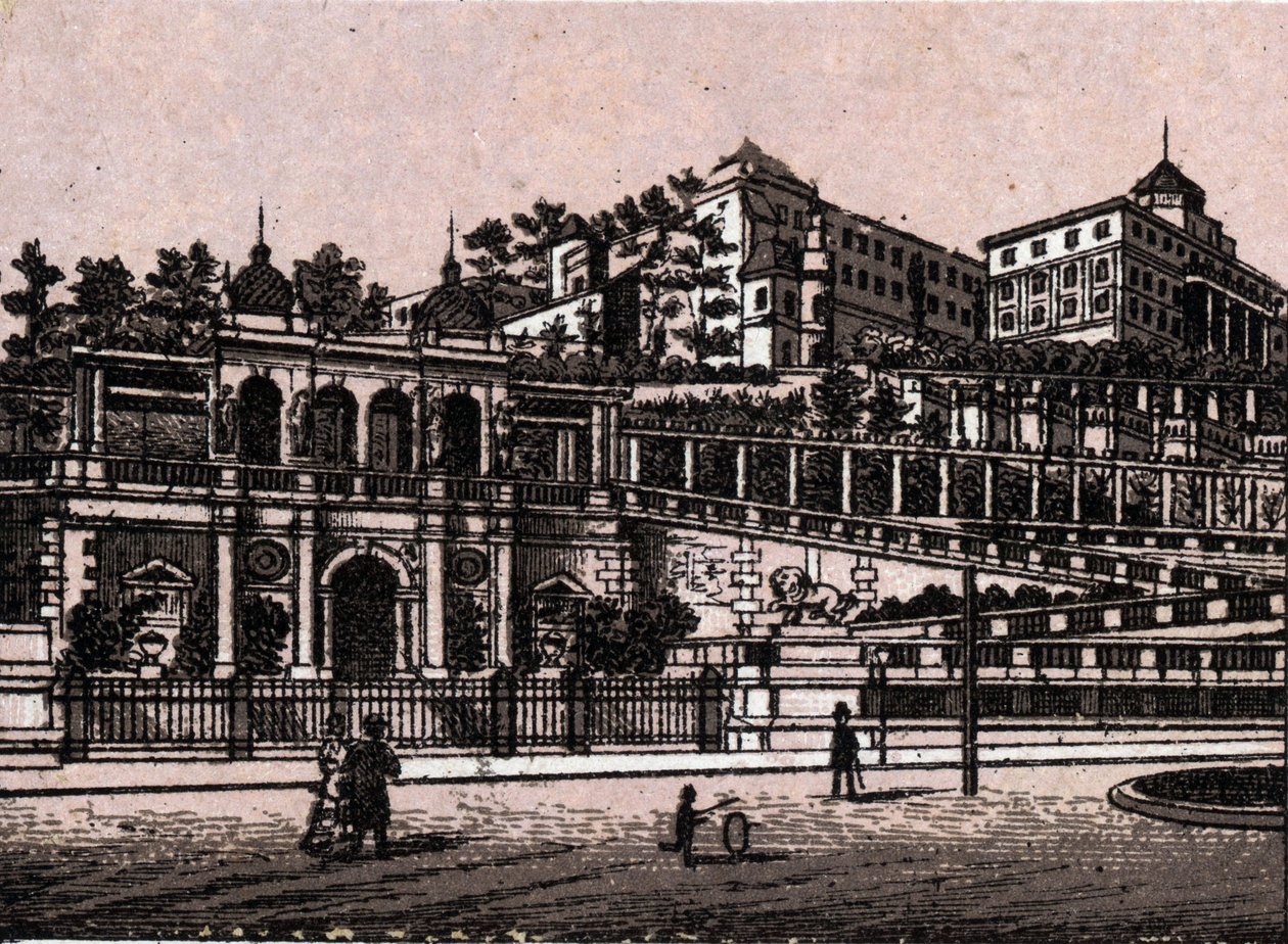 Budapeszt, Węgry: widok na Burgbazar (Burghbazar) w „” Świat przedstawia 168 widoków”” Niedatowany (koniec XIX wieku) autorstwa Unknown artist