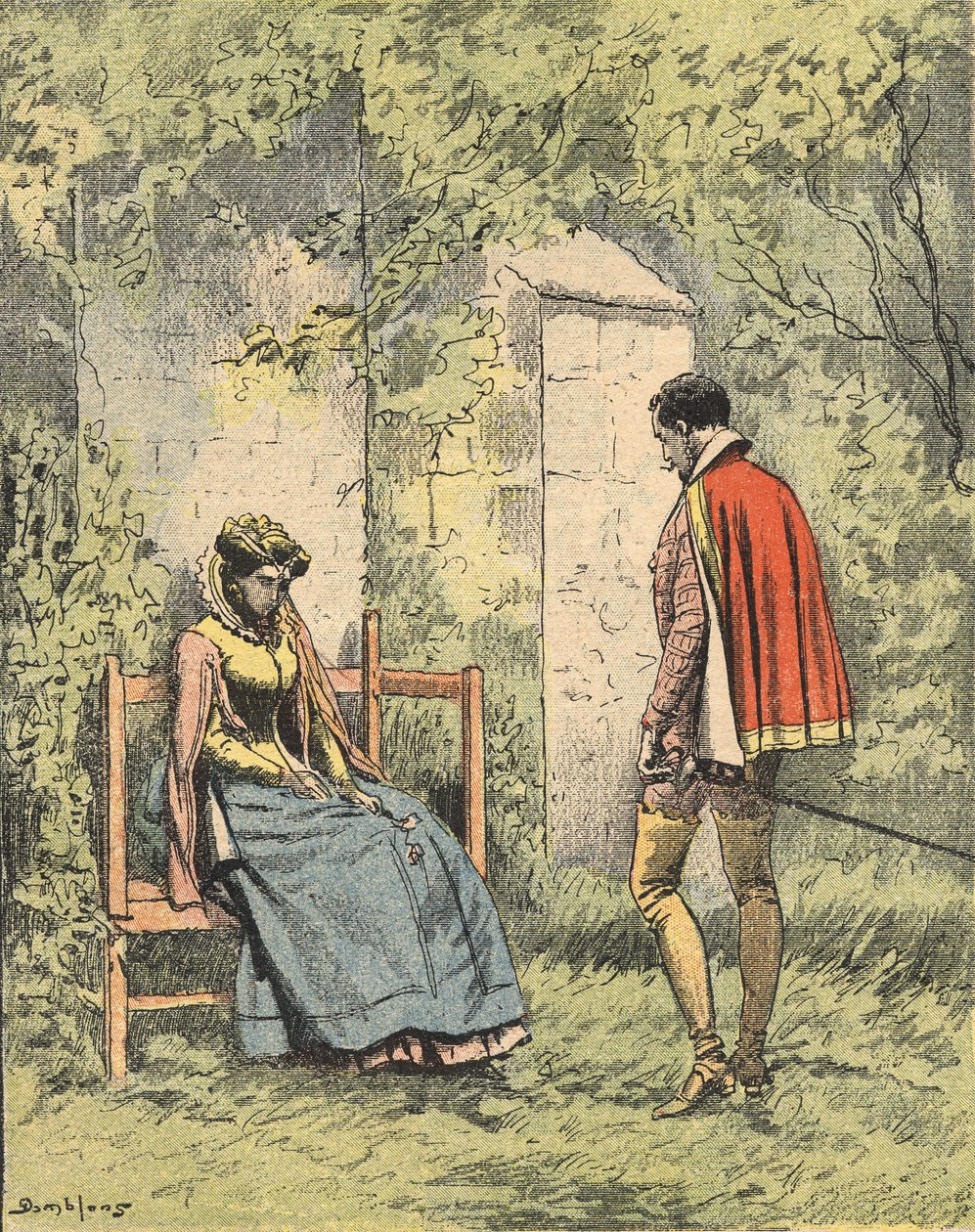 Bussy i Diane, znana jako Madame de Monsoreau, w ogrodzie gotowym do Kościoła. Ilustracja do powieści „La Dame de Monsoreau” Aleksandra Dumasa w „Journal des novels populaires illustrés” autorstwa Unknown artist