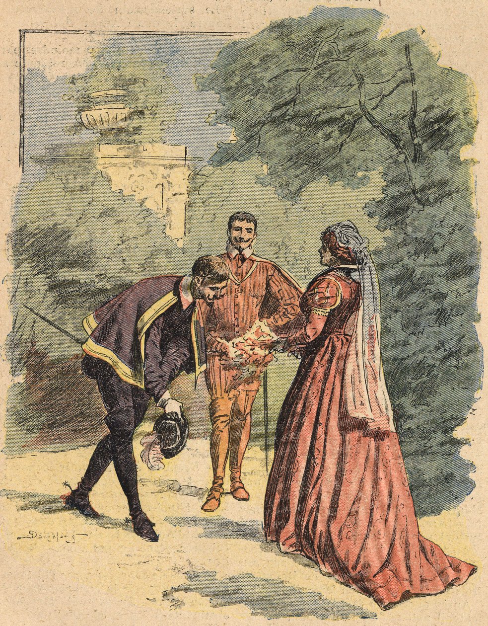 Bussy wita w parku Jeanne w towarzystwie świętego Łukasza. Ilustracja do powieści „La Dame de Monsoreau” Aleksandra Dumasa w „Journal des novels populaires illustrées” autorstwa Unknown artist