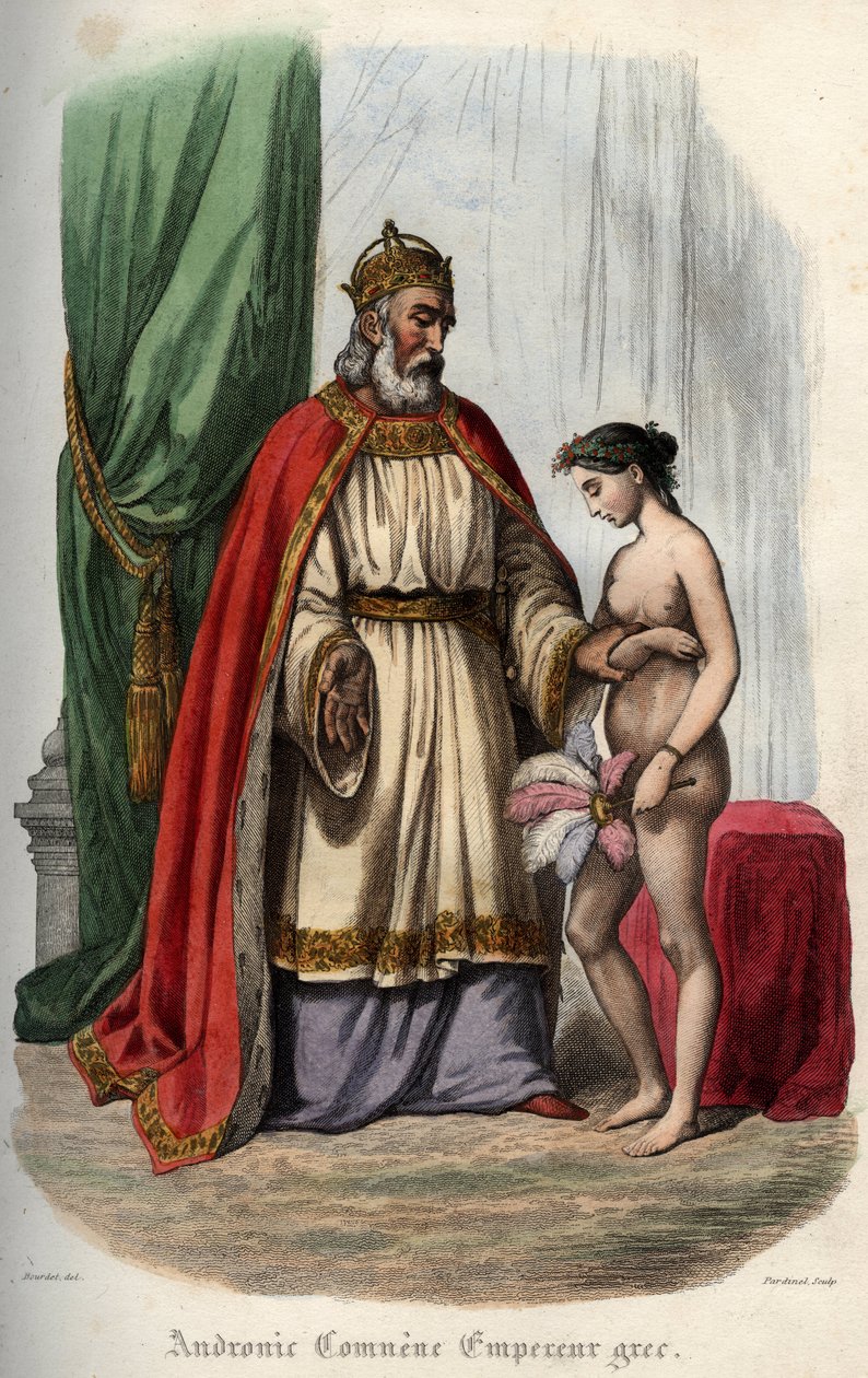 Cesarz bizantyjski Andronikos I Komnenos (lub Andronik I Komnen (ok. 1118-1185) (Andronik I Komnena) i jego żona Agnes z Francji (1171-1240), która jest zmuszona ukazywać się nago podczas orgii. Rycina z 1842 roku w „Histoire des papieży” Maurice Lachatre autorstwa Unknown artist
