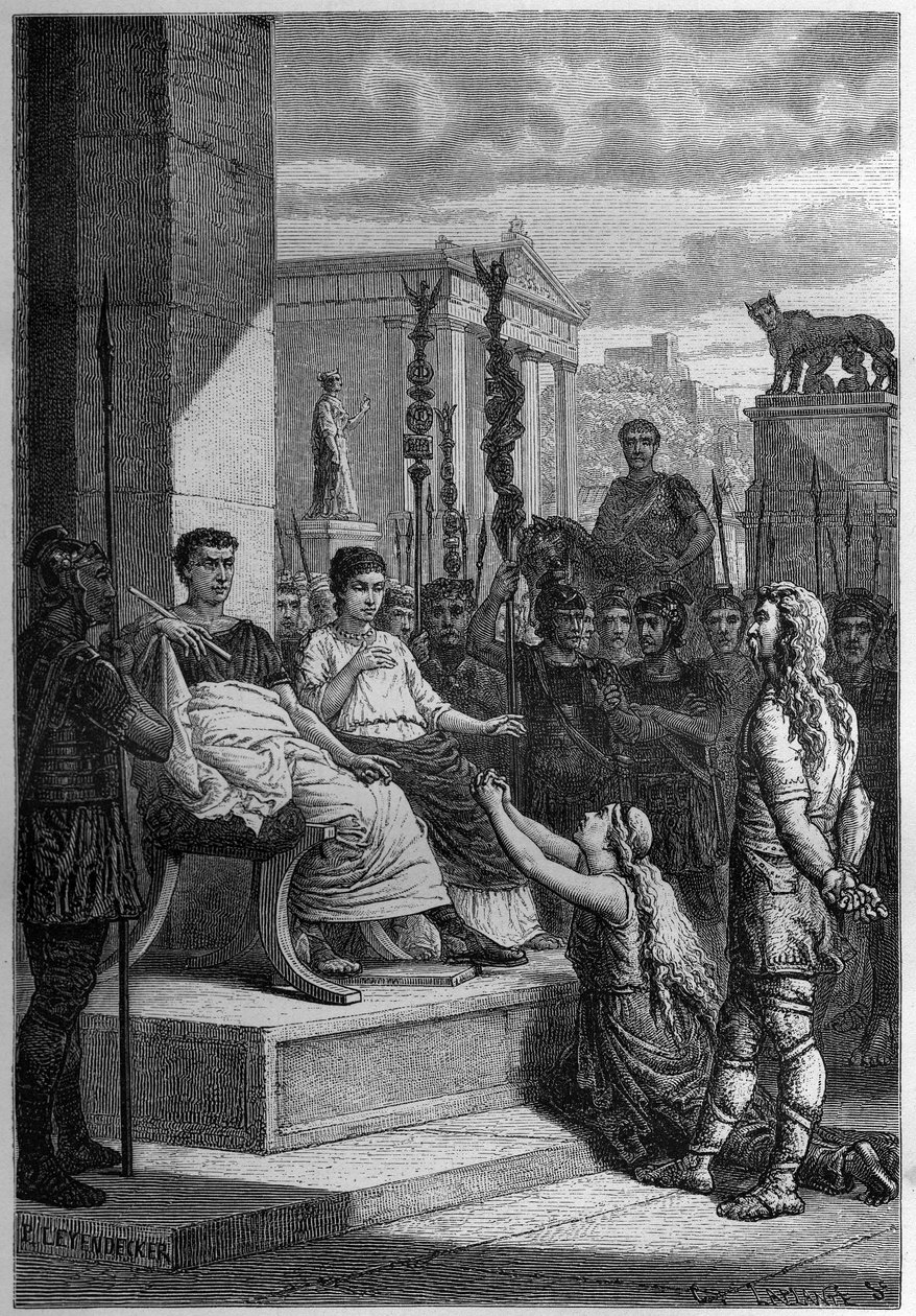 NIEWOLNOŚĆ CHAMAKUS - Caratacus (Caratacos, Caratacus) w niewoli wraz ze swoją rodziną zwraca się do cesarza rzymskiego Klaudiusza (Claude I) (10 pne-54 ne) - Grawerowanie w "L