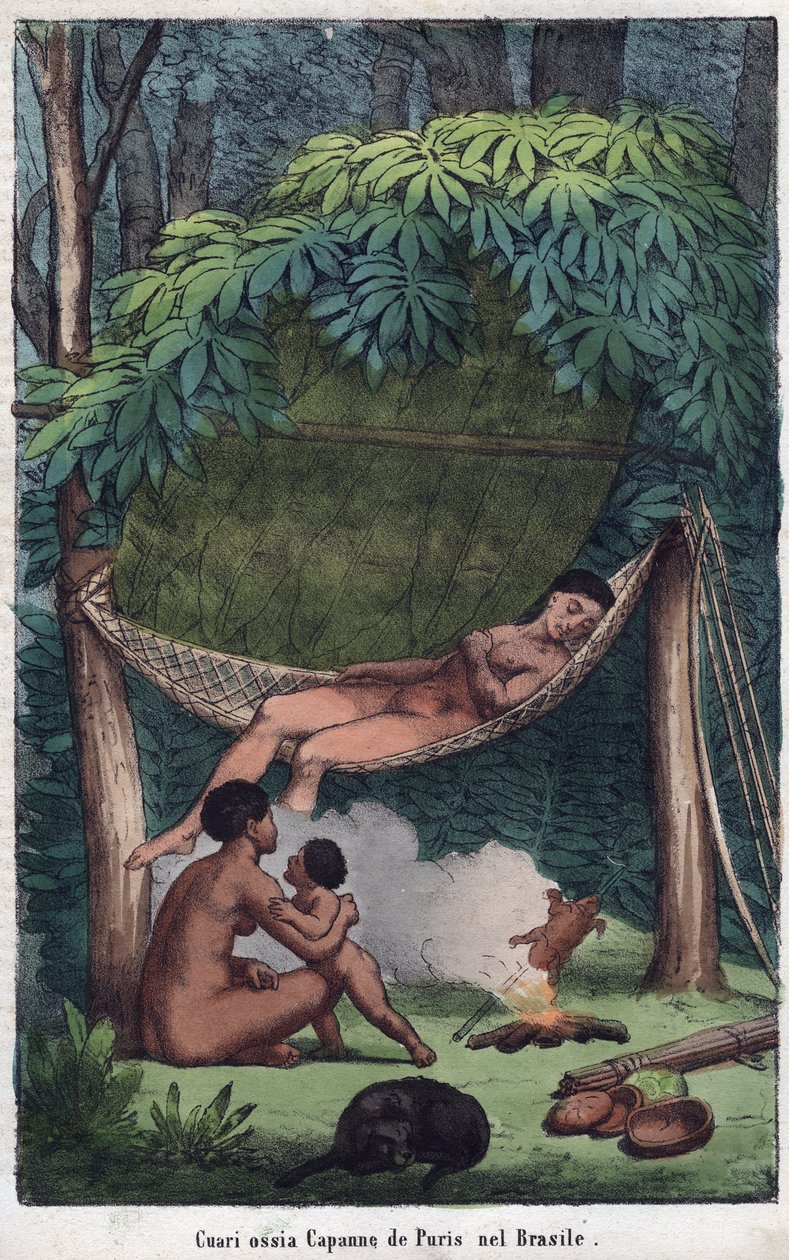 Cabane des Puris au Brazil - Widok chaty Puri w Brazylii - grawer z „” Zwyczaje i Tradycje Wszystkich Ludów Wszechświata. To jest historia rządów, praw, milicji, religii wszystkich narodów od najodleglejszych czasów po dni autorstwa Unknown artist
