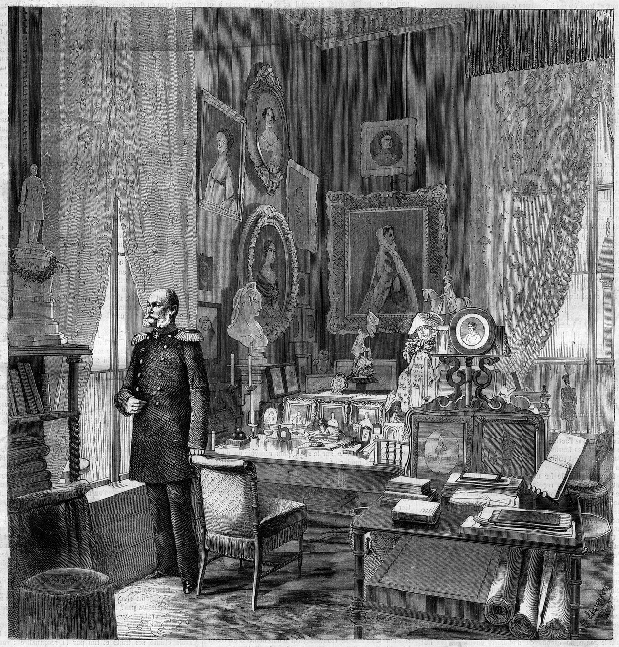 Gabinet króla Wilhelma I (1797-1888), króla Prus i cesarza Niemiec w Pałacu Królewskim w Berlinie. Grawerowanie w „”Wspaniałym wszechświecie”” autorstwa Unknown artist