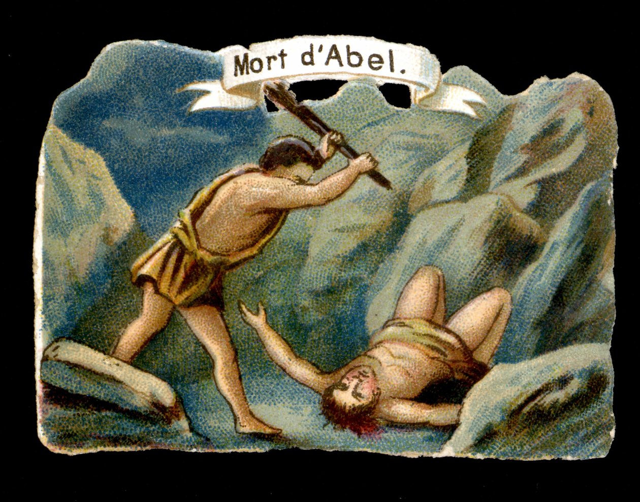 Kain zabija swojego młodszego brata Abla z zazdrości (Dzieci Adama i Ewy). Chromolitografia XIX wieku. autorstwa Unknown artist