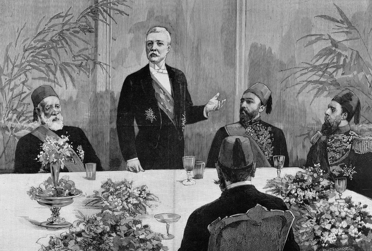 Kair: Stanley (Sir Henry Morton) (1841 - 1904) wygłasza przemówienie na swoim bankiecie. Rycina XIX wieku. autorstwa Unknown artist
