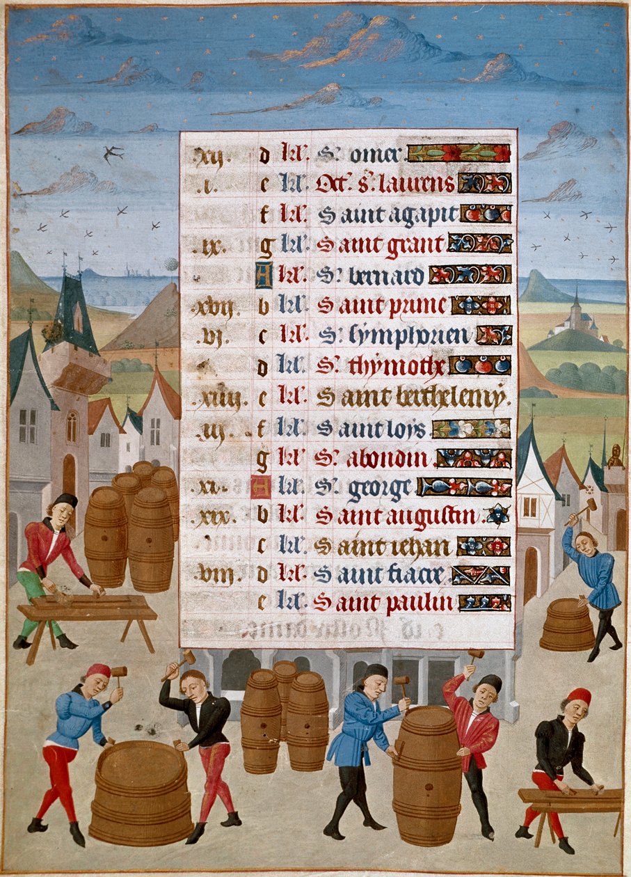 Kalendarz: Sierpień - Produkcja beczek na wino - Miniatura mistrza Jean de Rolin (XV w.) z „Godzin Adelajdy Sabaudzkiej, księżnej Burgundii” 1460-1465 Chantilly, Musee Conde autorstwa Unknown artist
