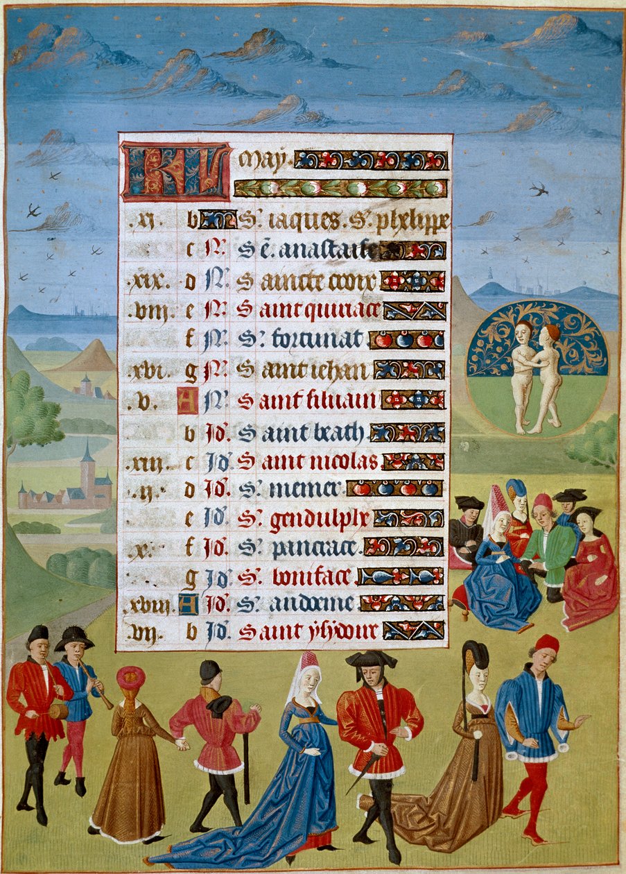 Kalendarium: miesiąc maj, tańce i zabawy - Miniatura Mistrza Jeana Rolina z rękopisu „Godziny Adelajdy Sabaudzkiej, księżnej Burgundii” 1460-1465 Chantilly, Musee Conde autorstwa Unknown artist