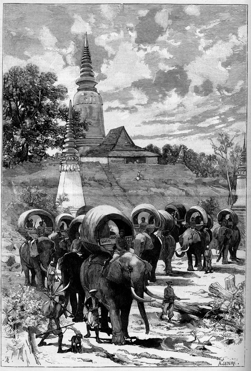 Kambodża: karawana myśliwska francuskiego protektoratu przed górą Lady Penh (Phnom Penh, Phnom Penh) W „The Illustrious World” nr 1312 z 20 maja autorstwa Unknown artist