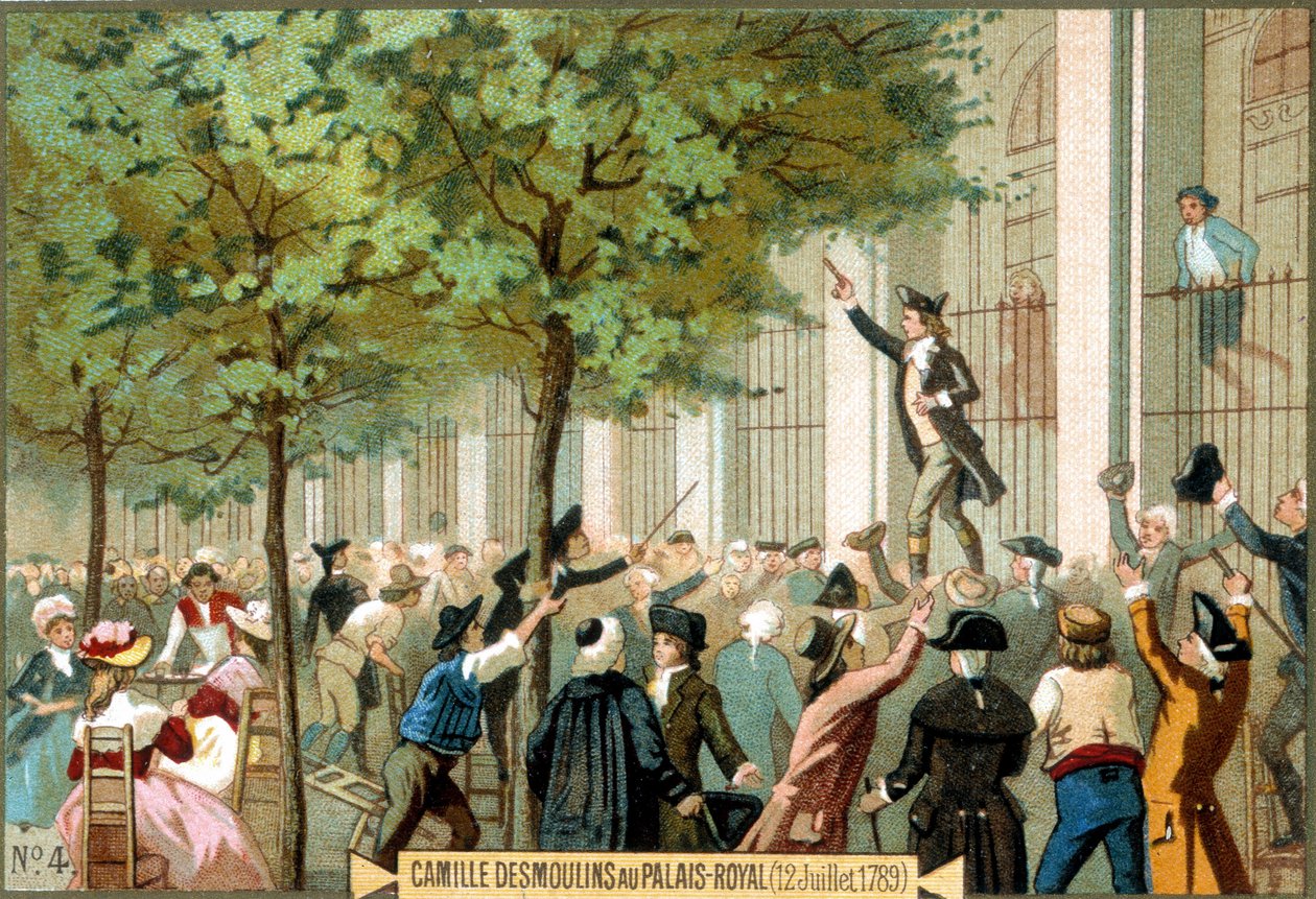 Camille Desmoulins w Palais Royal (12.07.1789). Chromolitografia XIX wiek. - Rewolucja Francuska/Camille Desmoulins wzywa do burzy na Bastylię w Paryżu autorstwa Unknown artist