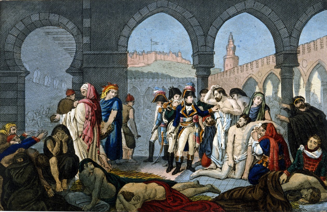 Kampania (wyprawa) w Egipcie (1798-1801): Generał Bonaparte odwiedza szpital pestiferes w Jaffie. Grawerowanie XIX wieku. autorstwa Unknown artist