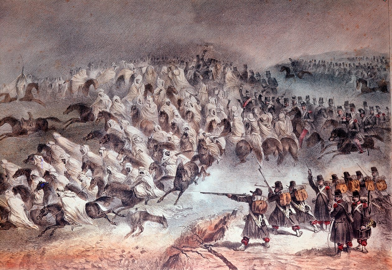 Kampania Algierii, podbój Konstantyna: odwrót armii francuskiej w Sidi-Tamtam, 27 listopada 1836 (litografia autorstwa Unknown artist