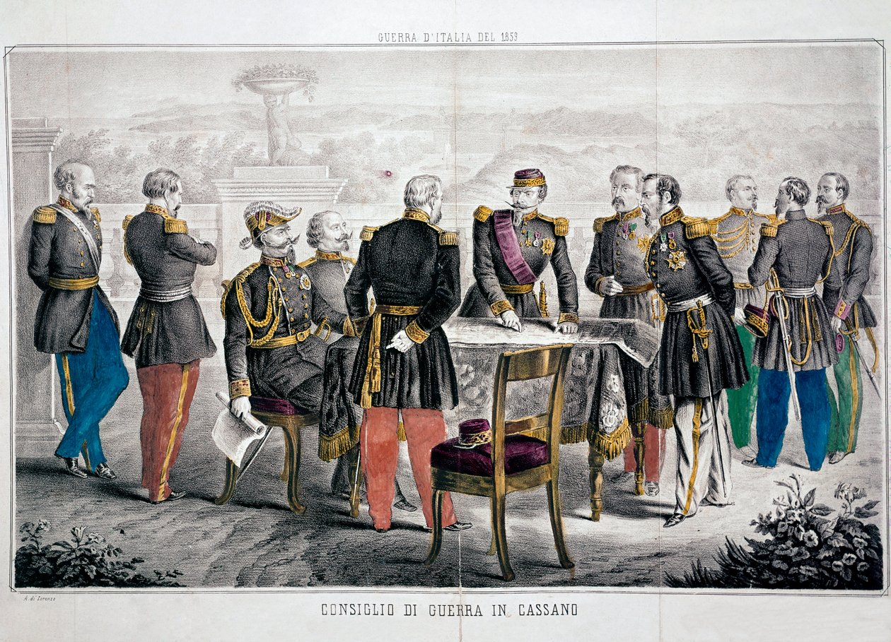 Kampania włoska 1859: Rada Wojenna Cassano, podczas której spotykają się Vittorio Emanuele II (Victor-Emmanuel lub Victor Emmanuel) i cesarz Napoleon III. Prywatna kolekcja autorstwa Unknown artist