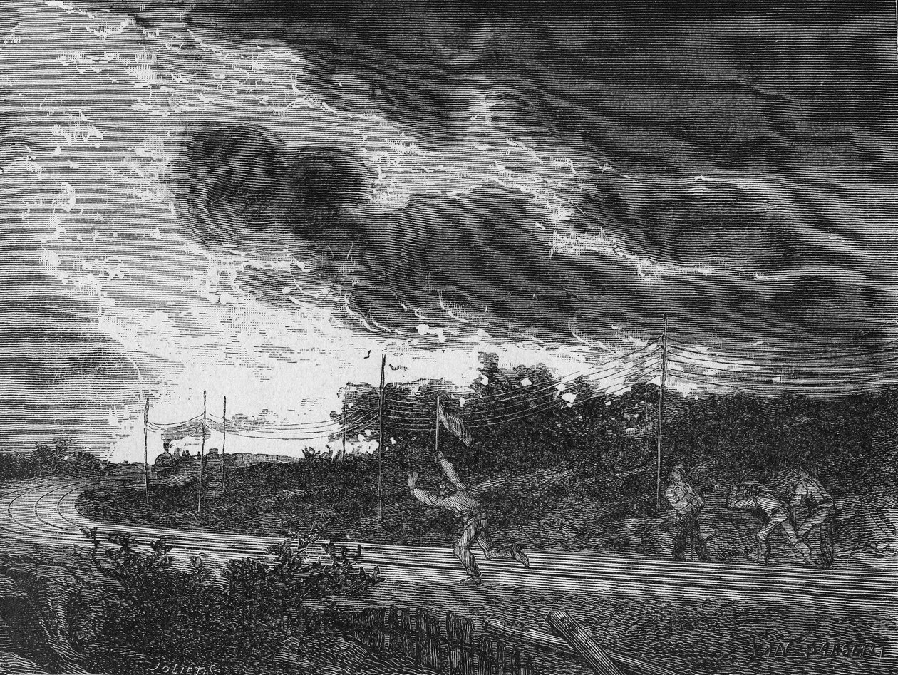 Cantonnier wysyła sygnał alarmowy i biegnie przed pociągiem, aby zapobiec wypadkom. W „Albumie nauki””, Éditions Jouvet autorstwa Unknown artist