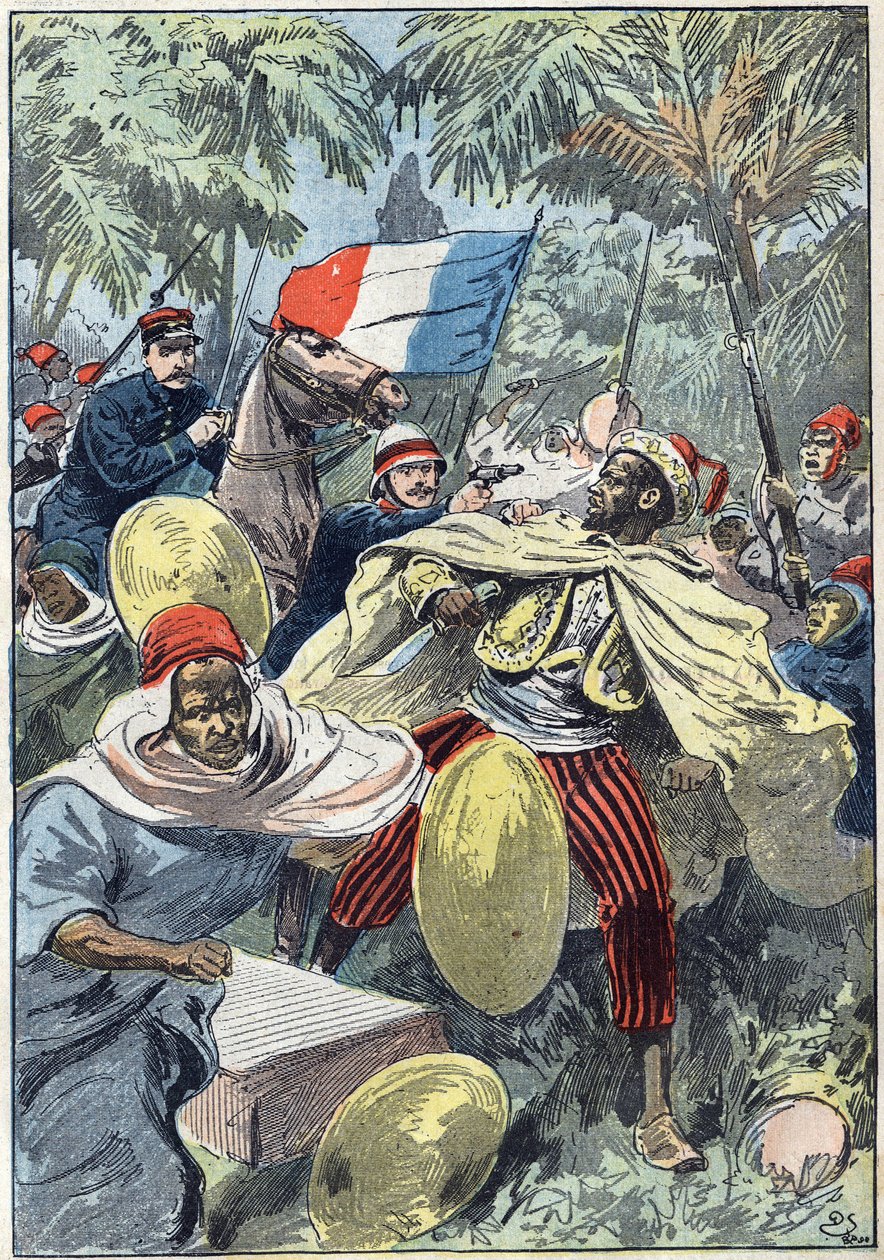 Zdobycie Samory Toure (około 1830-1900), sudańskiego przywódcy i przeciwnika francuskiej kolonizacji w Afryce, przez kapitana Gourauda i porucznika Jacquina. Sudan autorstwa Unknown artist