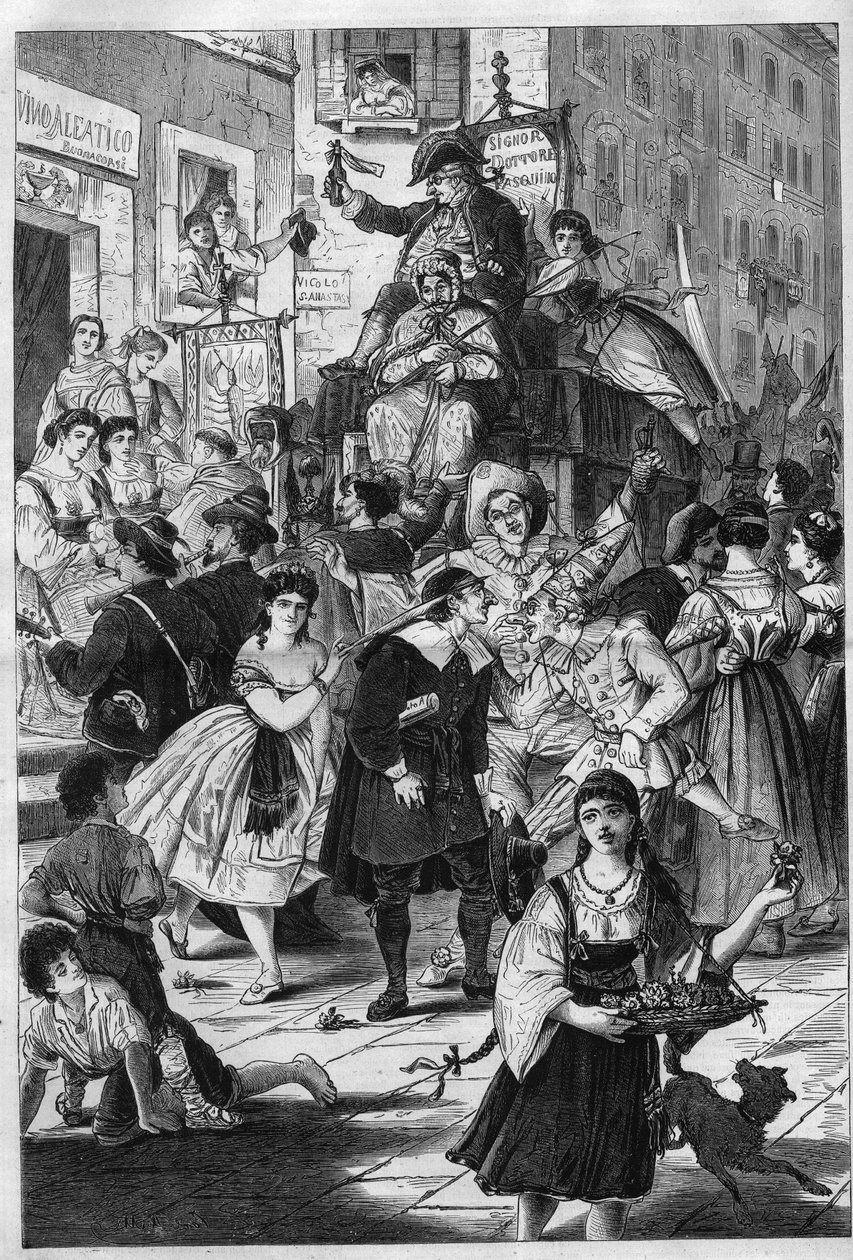 Karnawał w Rzymie: spacer według zwyczaju rzymskiego dr Pasquina. Damom z balkonów oferuje swoje eliksiry. Grawerowanie w „”Wspaniałym wszechświecie”” autorstwa Unknown artist