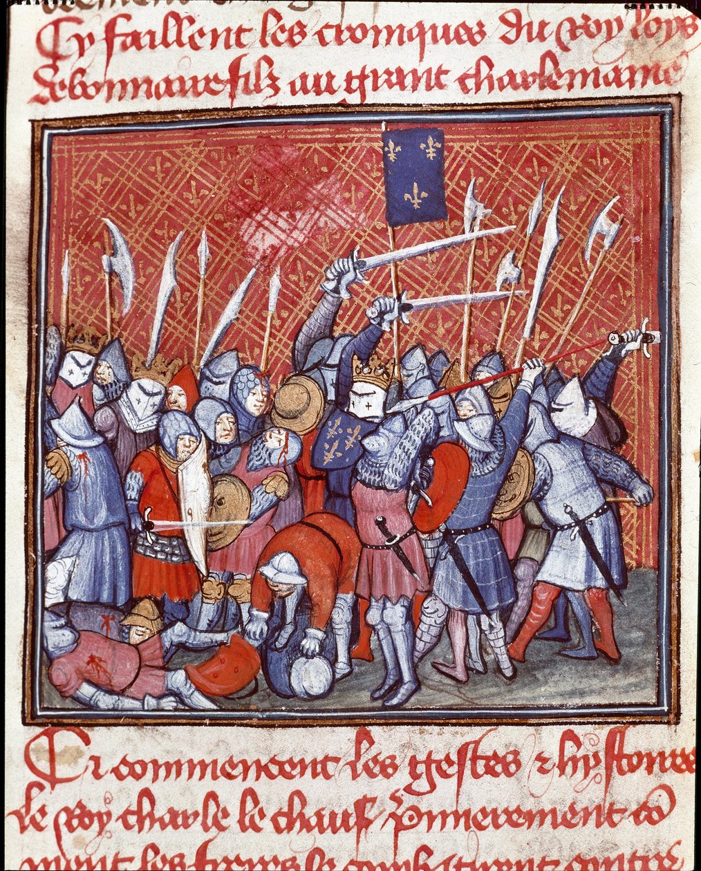 Dynastia Karolingów: „”Król karoliński Karol II mówi, że łysy (823-877) podczas bitwy”””Miniatura zaczerpnięta z „”Les grandes Chronicles de France””” XIV-wieczny Chantilly, Musee Conde autorstwa Unknown artist
