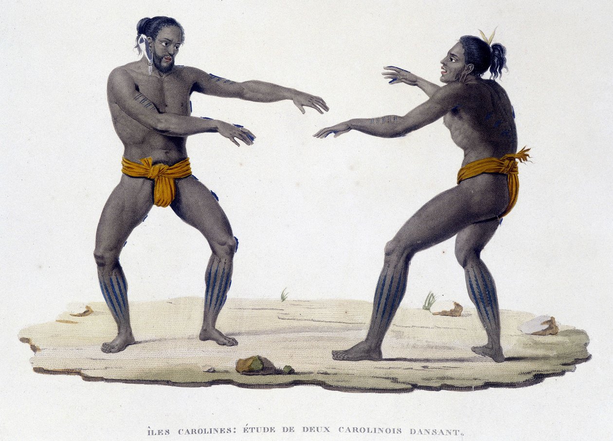 Tańczący mężczyźni z Karoliny (Wyspy Karolińskie, Oceania). autorstwa Unknown artist