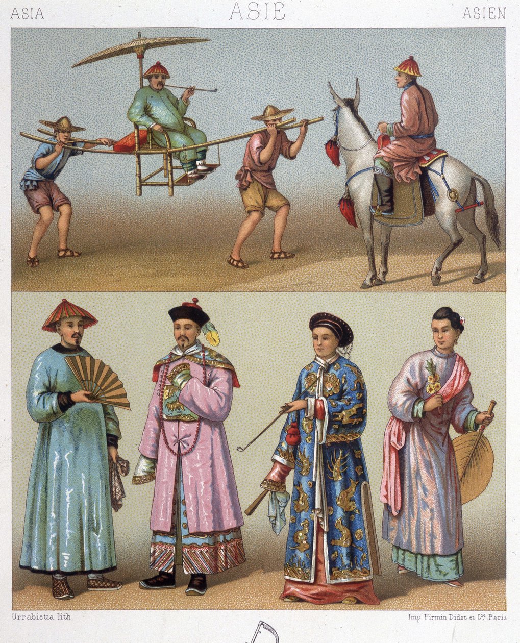 Krzesła nośne, jeźdźcy i kostiumy w Chinach - w „Le costume historique” autorstwa Racinet autorstwa Unknown artist