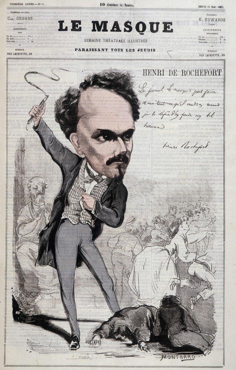 Karykatura Henri de Rocheforta (1831-1913), francuskiego dziennikarza i polityka, który prezentował wrogie gorszym stanowisko republikańskie. w „Le Masque” z 1867 r. autorstwa Unknown artist