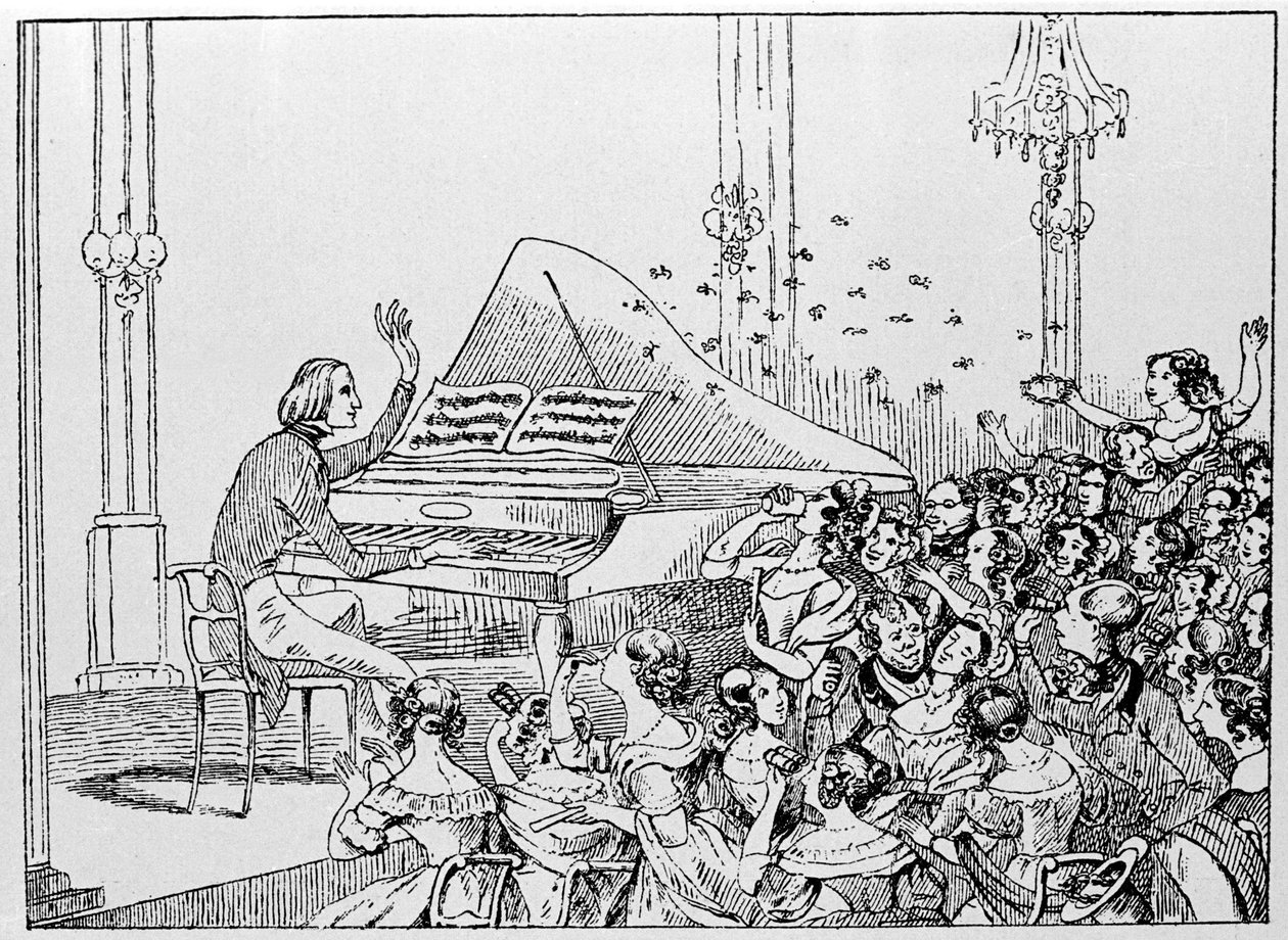 Karykatura triumfu Franciszka Liszta na koncercie w Berlinie w 1842 roku. autorstwa Unknown artist