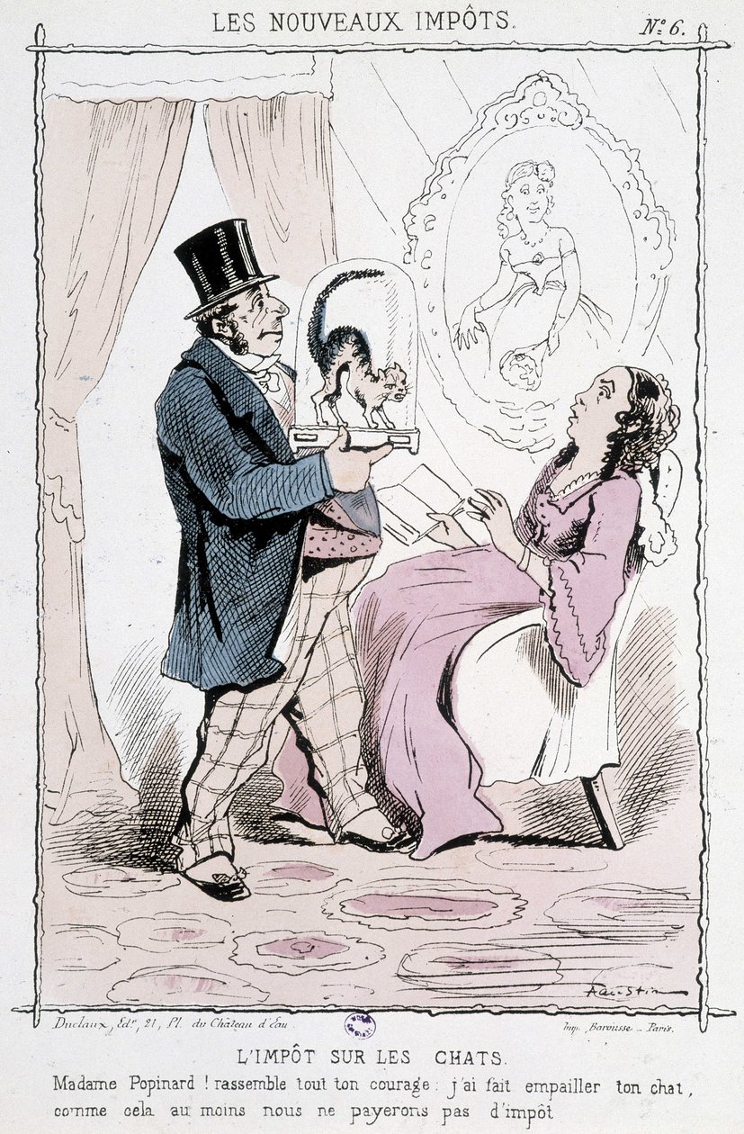 Podatek od kota: „Madame Papinard! Zbierz całą swoją odwagę. Wypchałem twojego kota, więc przynajmniej nie zapłacimy podatku”” - karykatura autorstwa Unknown artist