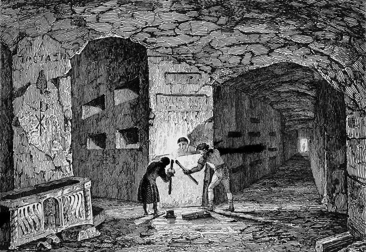 Katakumby Rzymu. Grawerowanie XIX wieku. autorstwa Unknown artist