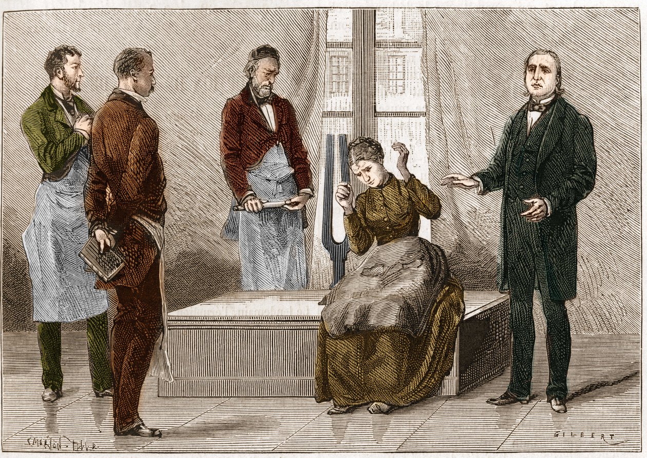 Katalepsja wytworzona pod wpływem dźwięku (Diapason). Francuski neurolog Jean Martin Charcot (1825-1893) (po prawej) demonstruje hipnozę u pacjenta w szpitalu Salpetriere. Ilustracja zaczerpnięta z „”Nature”” 1879 autorstwa Unknown artist