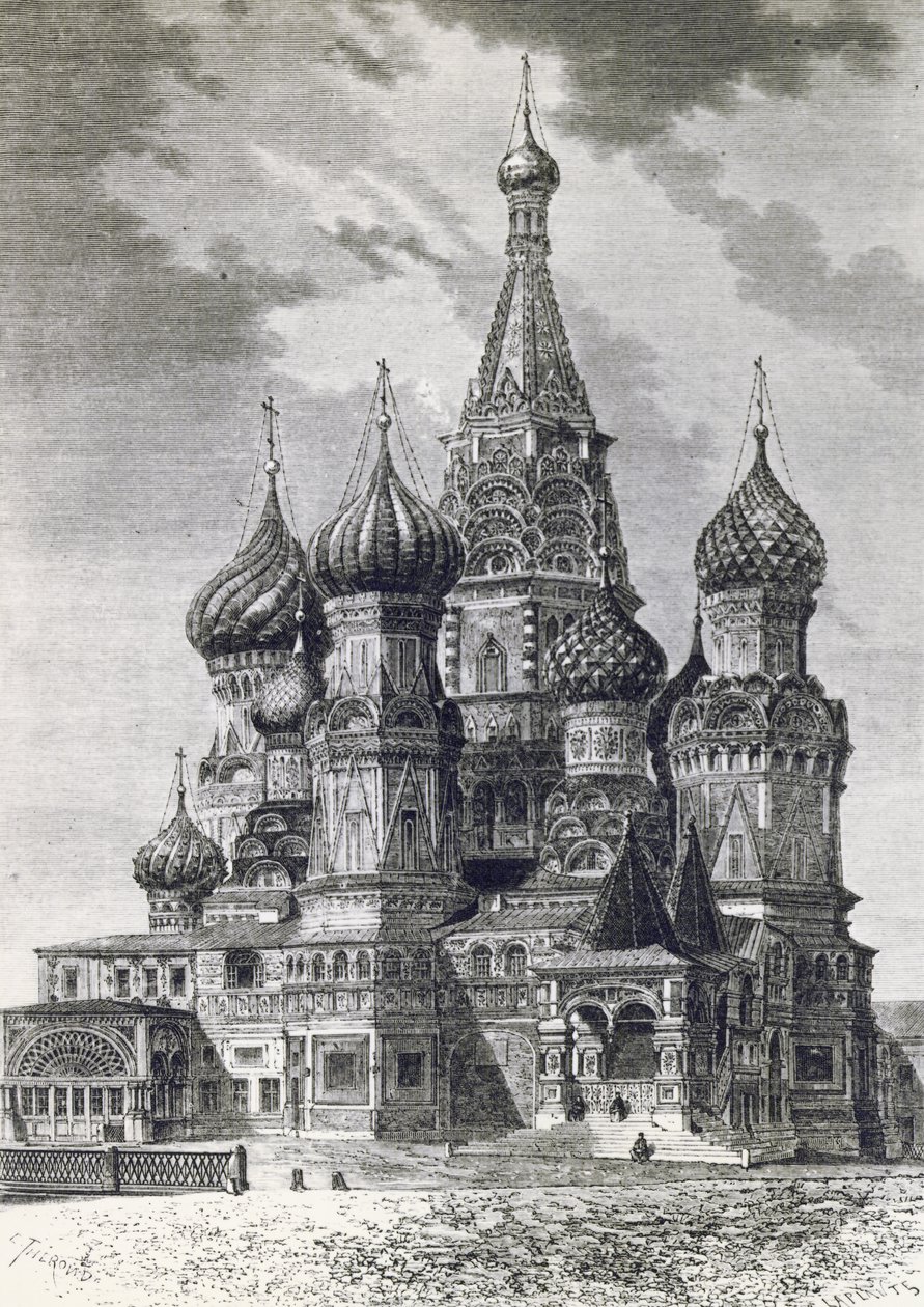 Katedra ochrony Najświętszej Bogurodzicy na fosie lub Wasyla Błogosławionego na placu czerwonym w Moskwie, grawerowanie z wolnej Rosji autorstwa Unknown artist