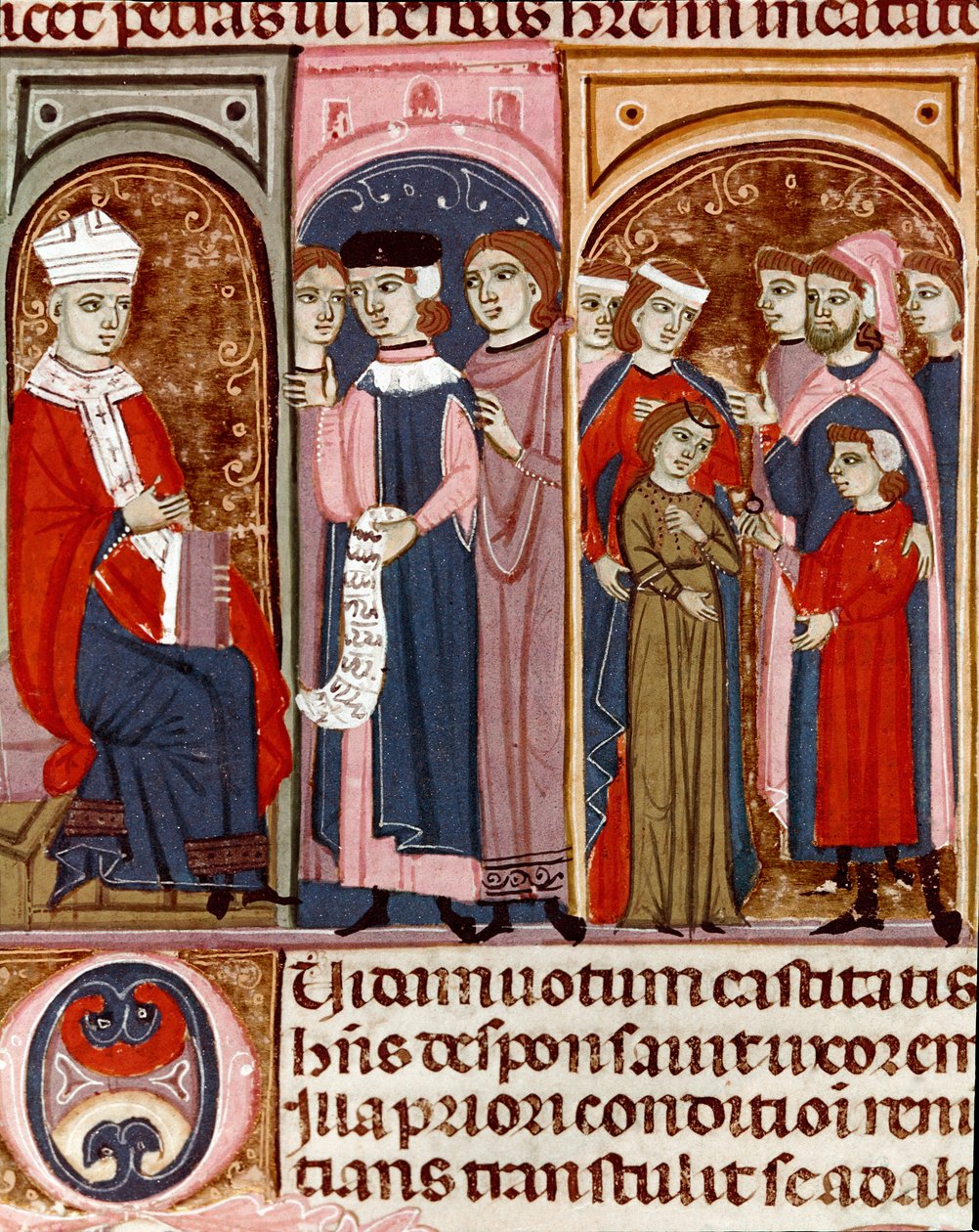 Uroczystość małżeństwa miniaturowego z Kodeksu Justyniana (Codex Justinianus), zbioru praw i instytucji przekształconych za czasów cesarza rzymskiego Justyniana I z Bizancjum (483-565) autorstwa Unknown artist