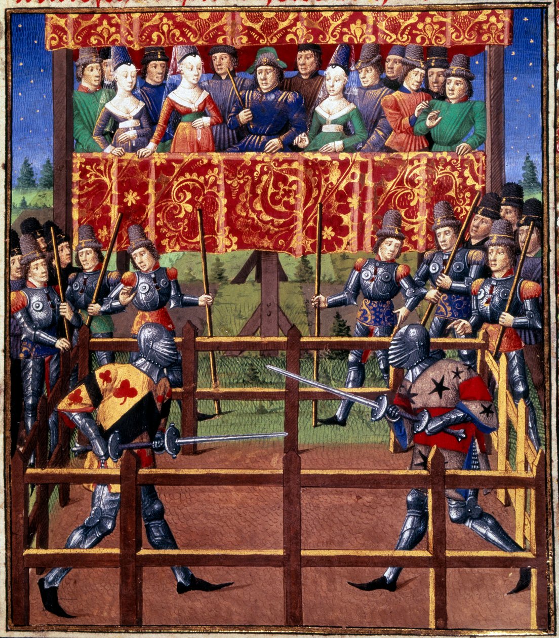 Ceremonie i zarządzenia jako rękojmia bitwy: pojedynek dwóch rycerzy na polu zamkniętym Miniatura z rękopisu Jeana de Rolina (XV w.) 1460 Paryż, B.N. autorstwa Unknown artist