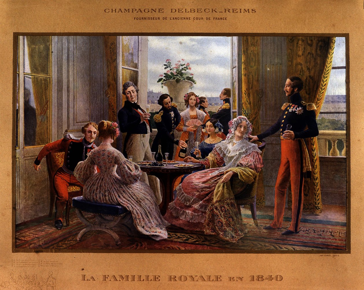 Szampan serwowany przy stole królewskim w 1840 r. - Plakat reklamowy szampana Delbeck „Dostawca dawnego dworu Francji”, koniec XIX w. autorstwa Unknown artist