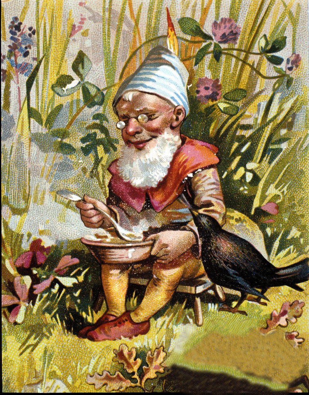 Postać krasnala lub farfadeta zjada zupę. autorstwa Unknown artist