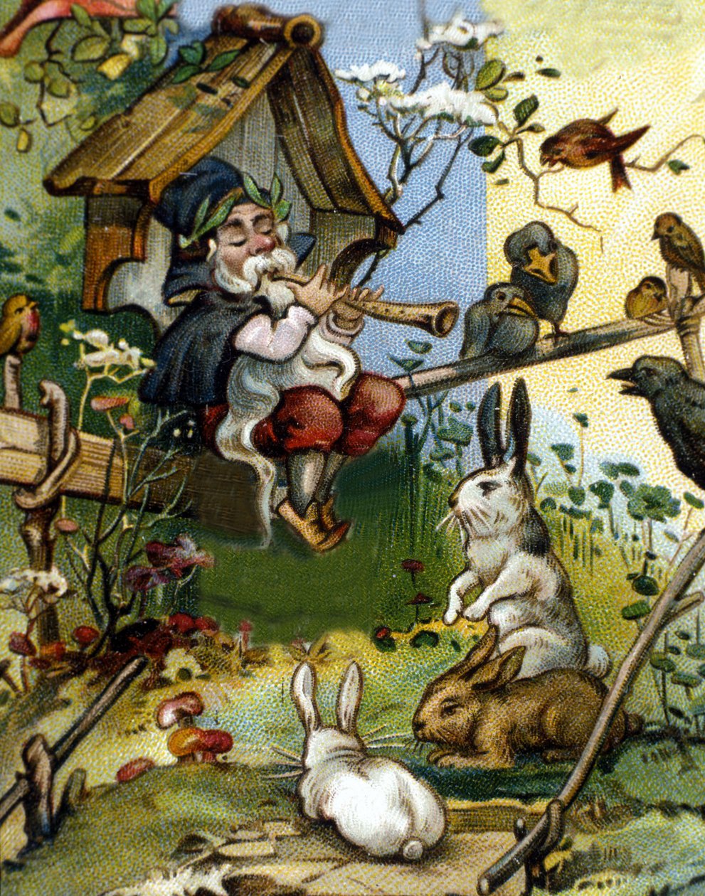 Postać krasnoluda lub flecisty farfadeta. XIX-wieczna chromolitografia. autorstwa Unknown artist