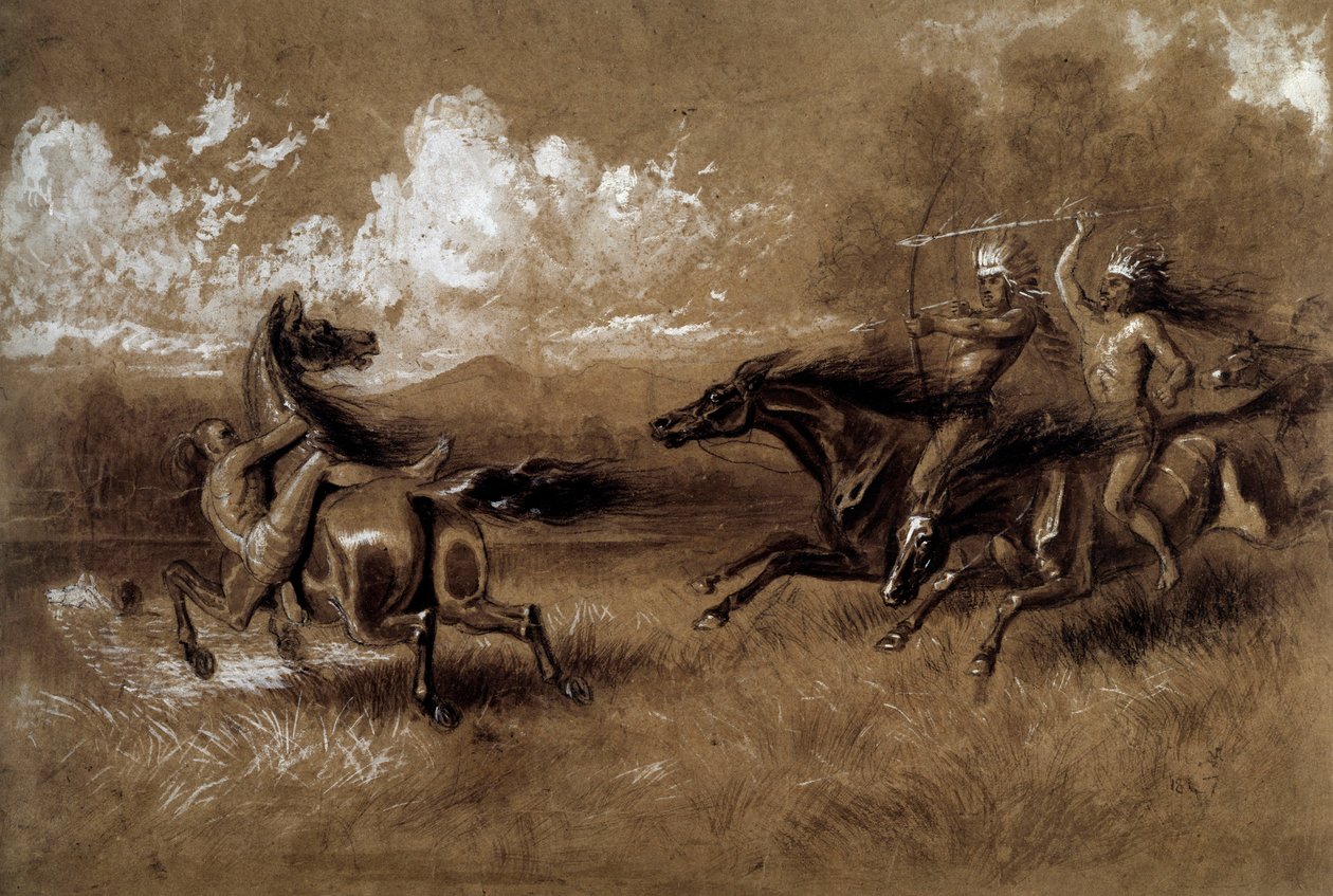 Szarża Indian jadąca przeciwko wrogowi z innego plemienia Anonimowy rysunek z XIX wieku. La Rochelle, Muzeum Nowego Świata autorstwa Unknown artist