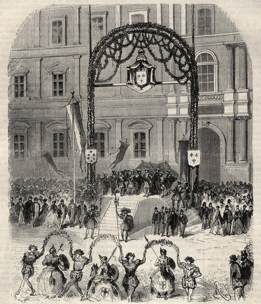 Uczty charytatywne w Marsylii upamiętniające przybycie Franciszka I, gdzie spotkał papieża Klemensa VII: farandole dansee place saint Ferreol (Saint-Ferreol) przed trybuną króla Franciszka I. Grawerowanie w „”L