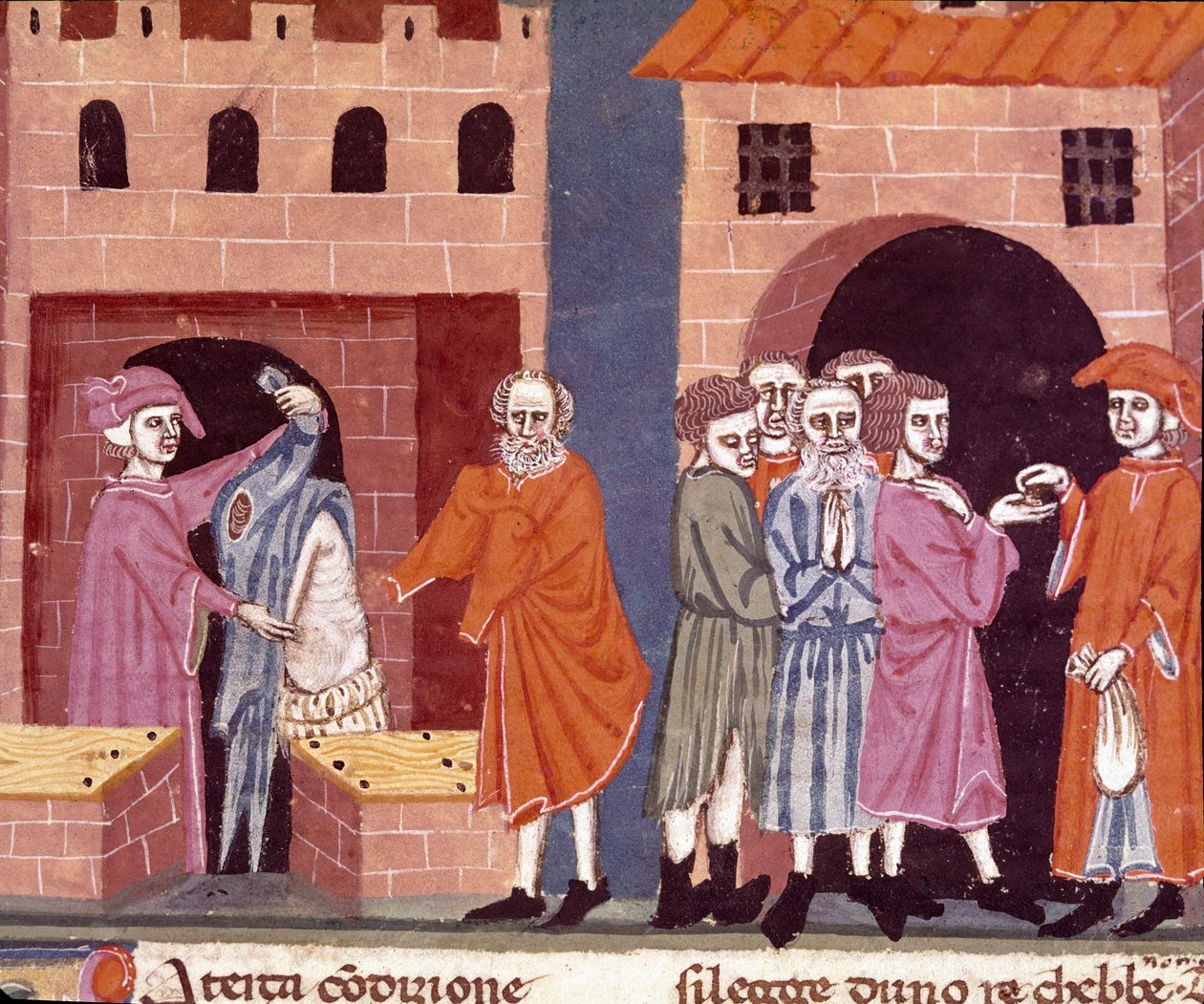 Dobroczynność w średniowieczu: „pomoc publiczna”. Scena miłosierdzia i pomocy ubogim. Miniatura szkoły florenckiej zaczerpnięta z włoskiego przekładu „Pater noster” florenckiego notariusza Ser Zucchero Bencivenniego, pocz. autorstwa Unknown artist