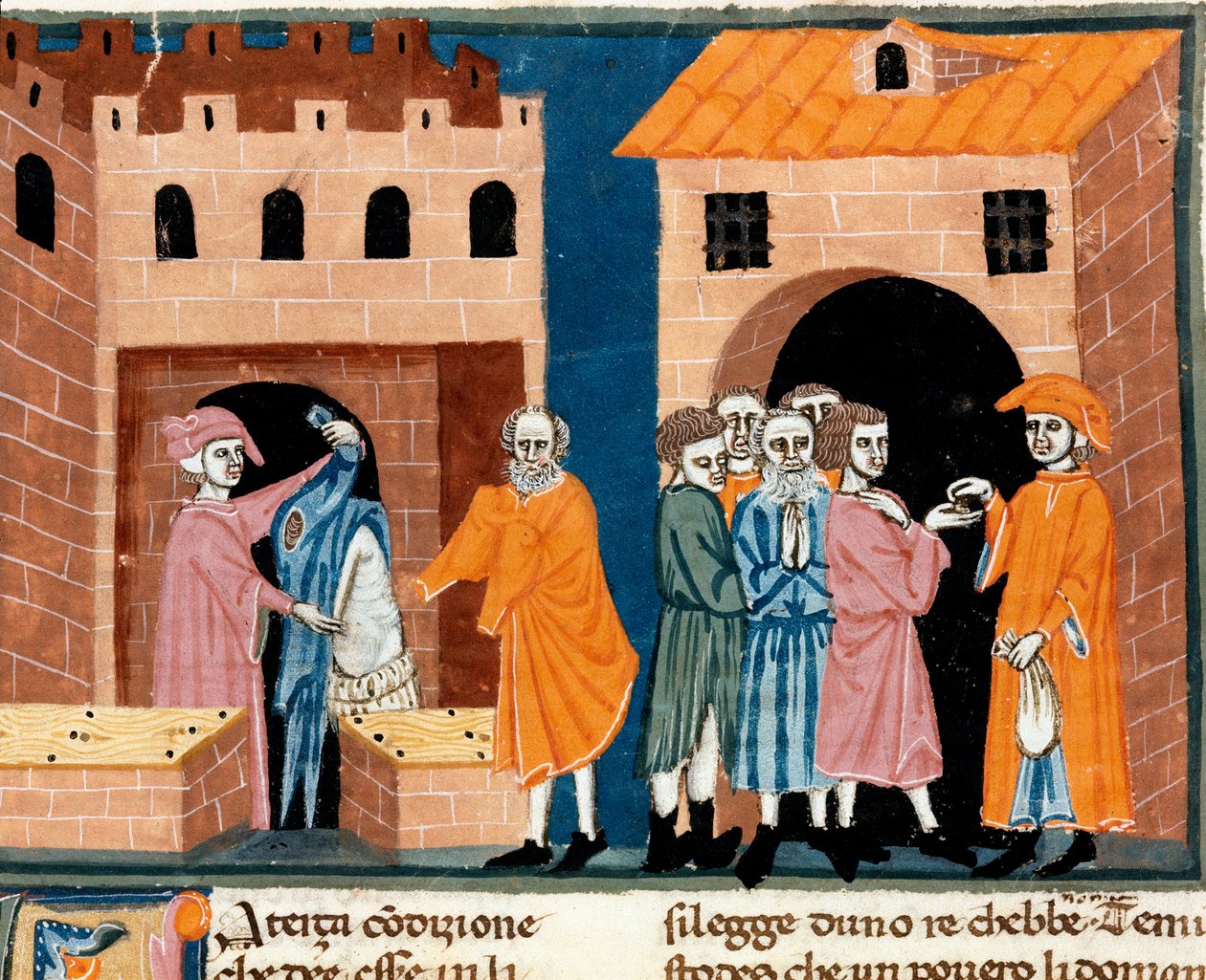 Dobroczynność w średniowieczu: „pomoc publiczna”. Scena miłosierdzia i pomocy ubogim. Miniatura szkoły florenckiej zaczerpnięta z włoskiego przekładu „Pater noster” florenckiego notariusza Ser Zucchero Bencivenniego, pocz. autorstwa Unknown artist