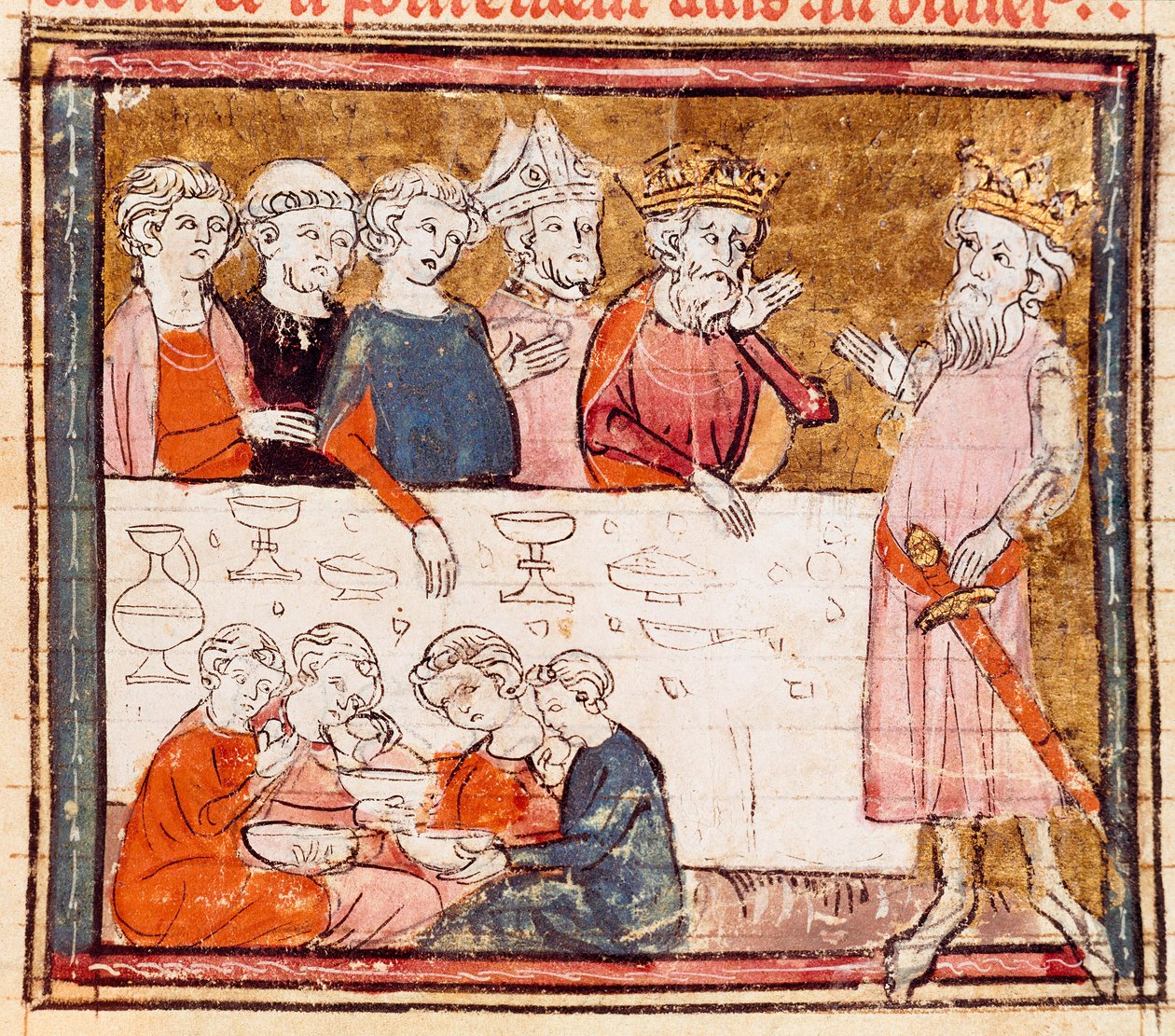 Karol Wielki (742-814) i jego siostrzeniec jeździec Roland na bankiecie, na którym biedna Miniatura z „Grandes Chronicles de France”” 1375-1379 Biblioteka Miejska, Castres autorstwa Unknown artist
