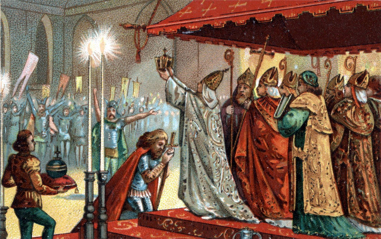 Karol Wielki (742-814) koronowany przez papieża Leona III (ok. 750-816) w bazylice św. Piotra w Rzymie 25 grudnia 800 - Koronacja Karola Wielkiego (742 - 814) w 800 przez papieża Leona III. autorstwa Unknown artist