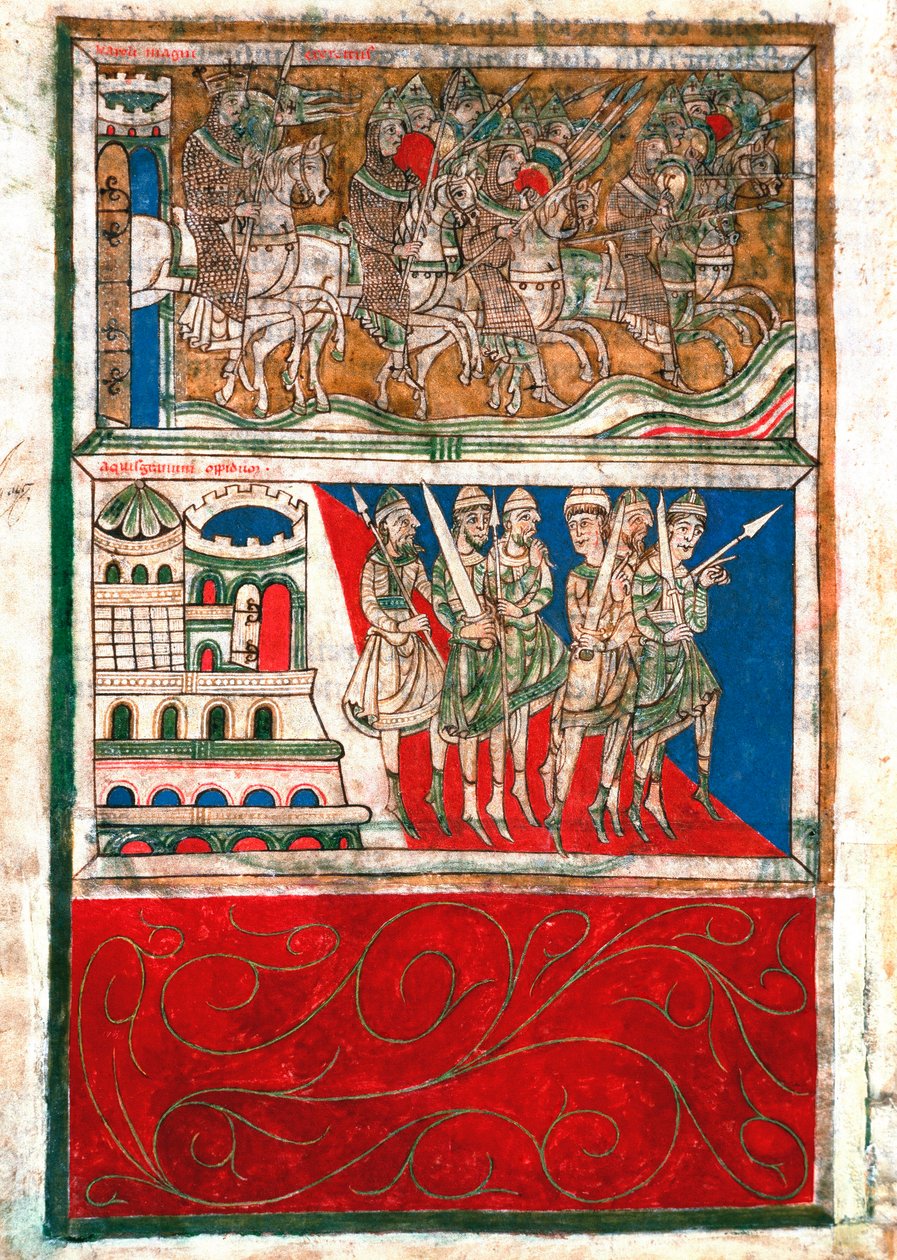 Karol Wielki i jego rycerze opuszczają Akwizgran i udają się do Santiago de Compostela Miniatura z „Codex Calixtinus” (Księga św. Jakuba), ok. 1140. fol. 162 v. Archiwa Katedry Santiago de Compostela (Santiago de Compostela), Hiszpania autorstwa Unknown artist