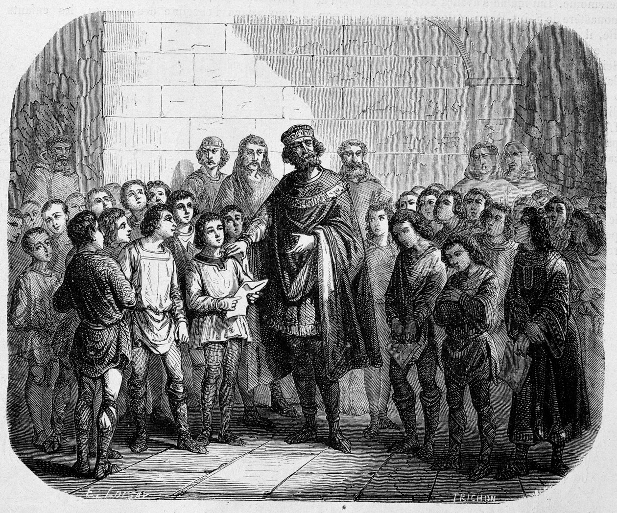 Karol Wielki z wizytą w szkole – w „Historii papieży, królów, królowych, cesarzy na przestrzeni wieków” Maurice Lachatre autorstwa Unknown artist