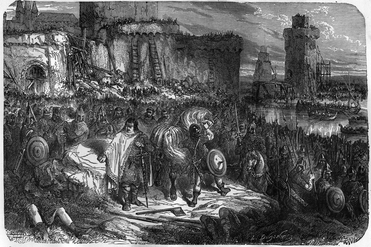 Karol III 3 Wielki (839-888) Cesarz Zachodu (881 - 887) i Regent Francji (884 - 887) obozowali pod murami Paryża nie śmiejąc walczyć z Normanami, woląc wykupić sobie emeryturę za cenę pieniądze. autorstwa Unknown artist