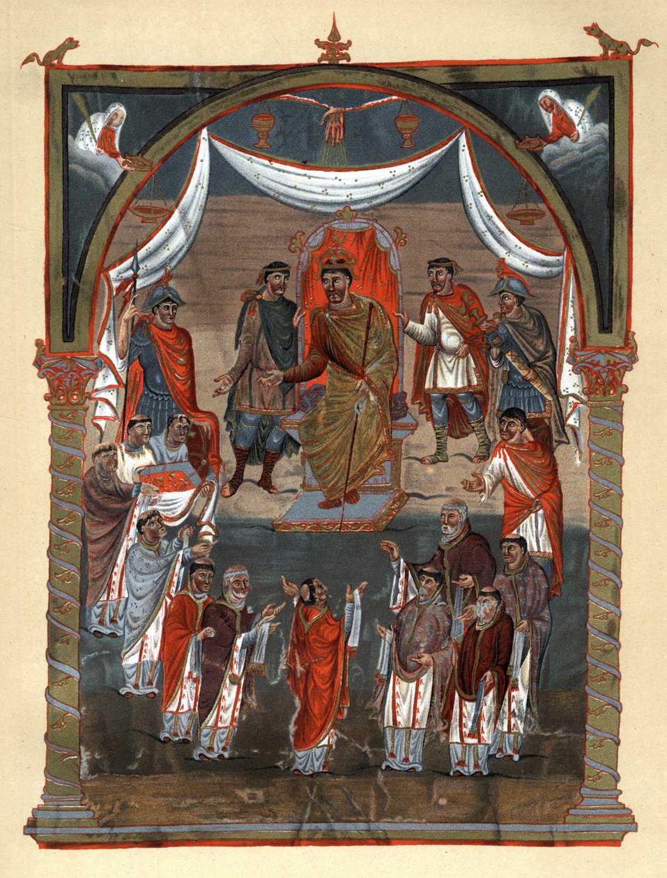 Karol II Łysy (823 - 877), król Francji, przyjmujący delegację mnichów z Tours. Faksymile w chromolitografii XIX wieku po miniaturze z X wieku zachowanej w B.N. de Paris. autorstwa Unknown artist