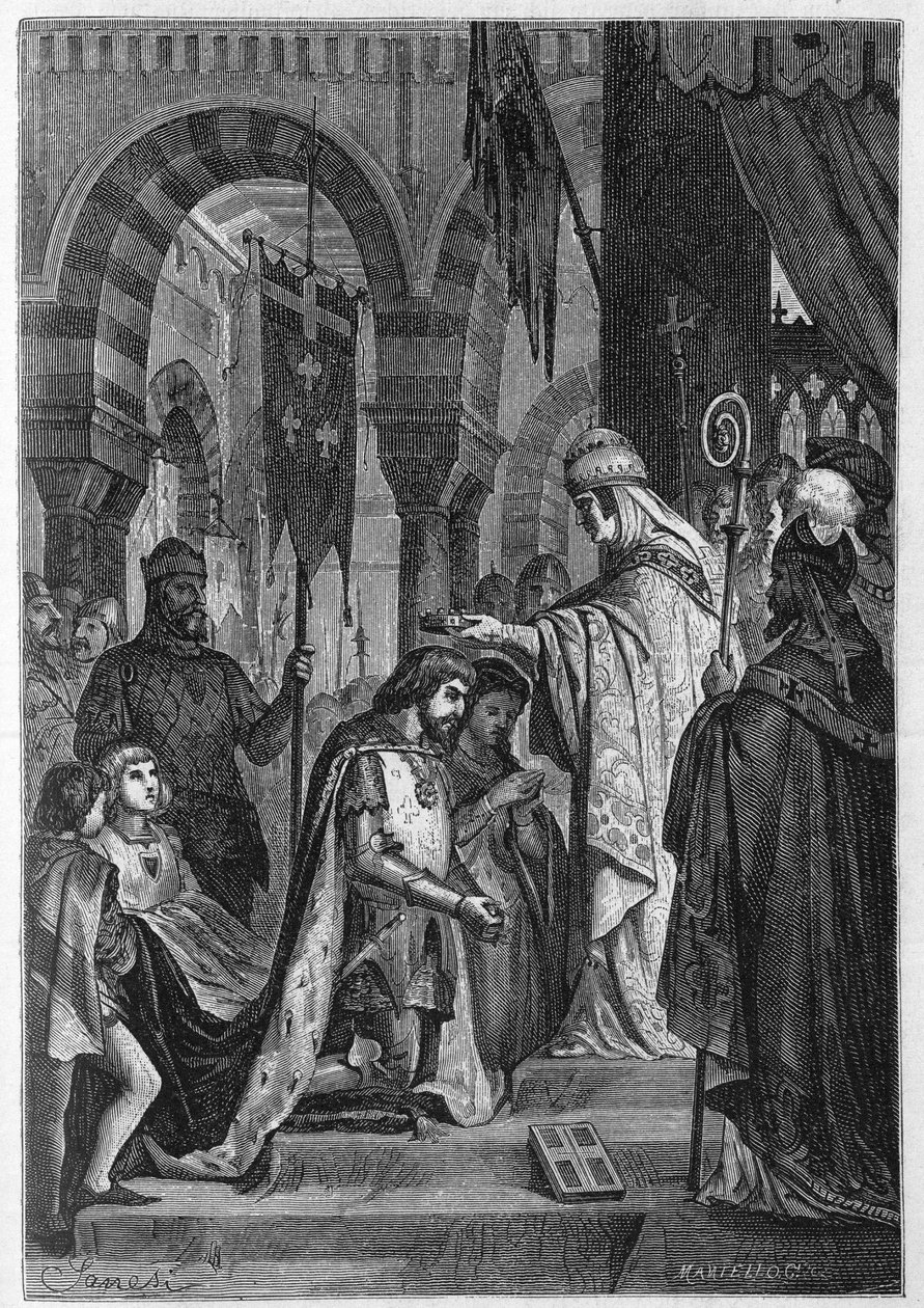 Karol I Anjou (Karol I Sycylii) (1226-1285) został zainwestowany w Królestwo Sycylii 28/06/1265 przez papieża Klemensa IV (w. 1195-1268). autorstwa Unknown artist