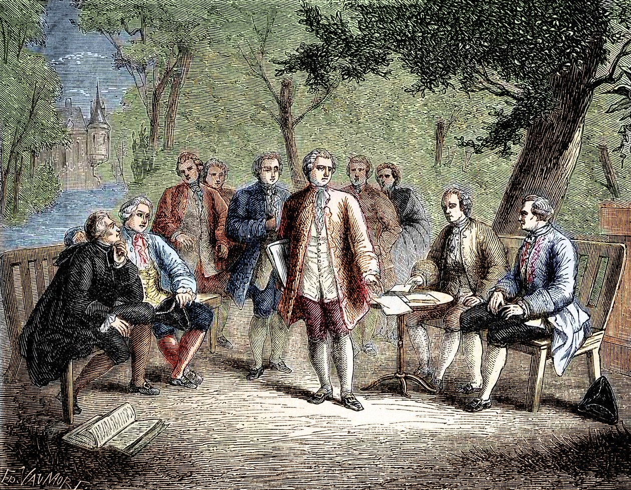 Charles de Secondat Montesquieu z naukowym wieczernikiem zamku Clairac, Francja - Naukowy wieczernik zamku Clairac: Monteskiusz i baron de Secondat, jego, rycerz Vivens, Romas i bracia Dutilh – w „Albumie nauki; I autorstwa Unknown artist