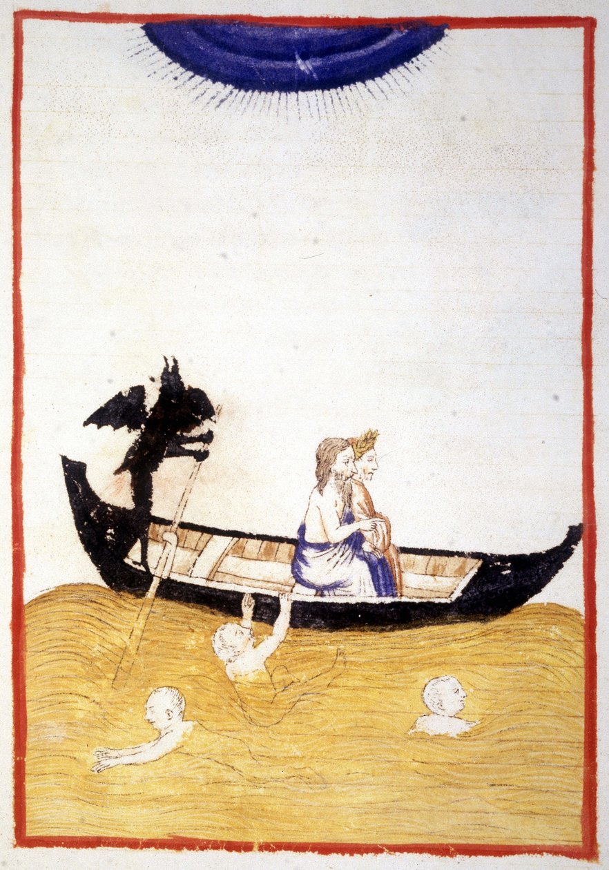 Charon (Karon) sprawia, że Dante i Wergiliusz Acheron przekraczają rzekę Zaświatów - w „Boskiej komedii” Dantego Alighieri, miniatura rękopisu z XIV wieku, Biblia. Miejski de Rimini. autorstwa Unknown artist