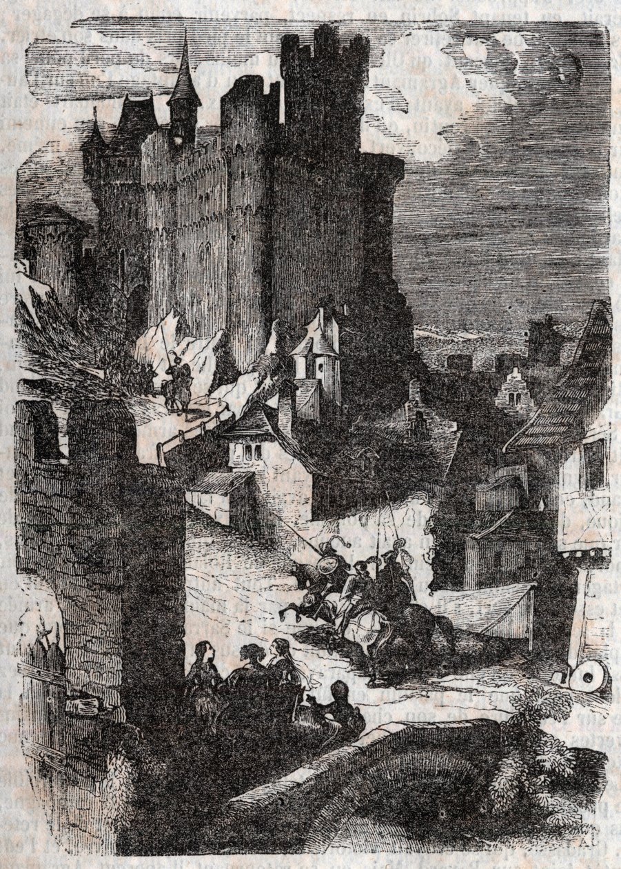 Chateau de Marganor - rycina z 1851 r. z „Roland furieux” (Orlando furioso) (XVI w.) Ludovico Ariosto zwanego Ariosta - Wydanie przetłumaczone z języka włoskiego przez hrabiego Tressan i wydane przez Gustave