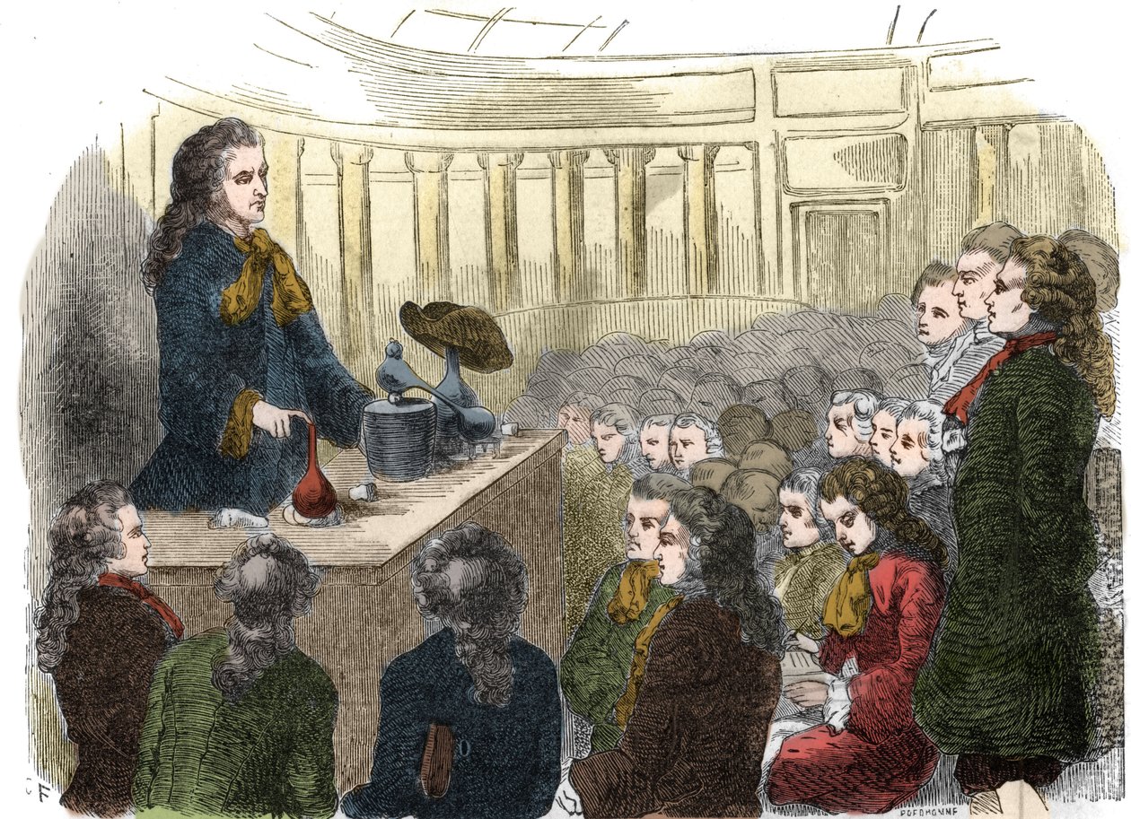 Kurs chemii Guillaume-Francois (Guillaume Francois) Rouelle (1703-1770), francuskiego chemika, w Akademii Nauk w 1744. Rycina od 1861. autorstwa Unknown artist