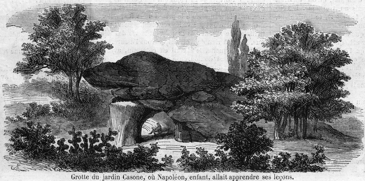 Dzieciństwo Napoleona 1. widok na jaskinię ogrodu Casone na Korsyce lub Napoleon (1769-1821) miał uczyć się swoich lekcji. Rycina XIX wieku. autorstwa Unknown artist