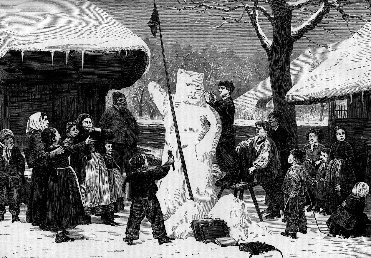 Dzieci lepiące bałwana w wiosce w Alpach. Grawerowanie w „” Le Journal de la jeunesse”” autorstwa Unknown artist